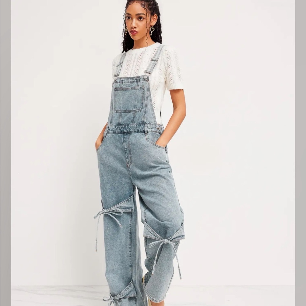Cider Light Blue Denim Tie-Knot Wide Leg Overalls - Picture 5 of 14